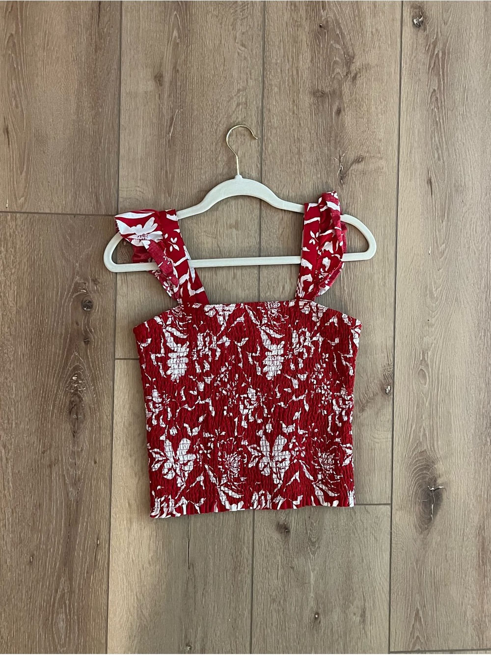 Old Navy Red and White Smocked Floral Crop Top
